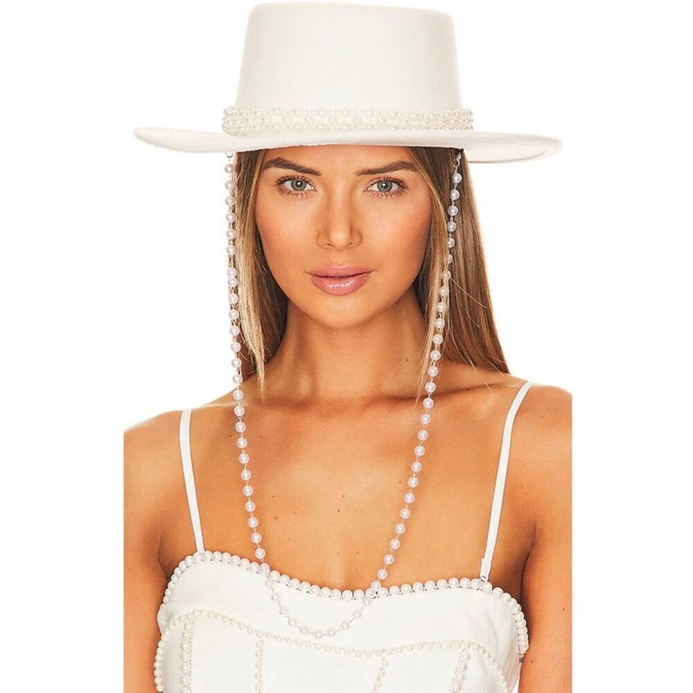 NEW Lovers and Friends Off White Pearl Embellished Band Womens Hat